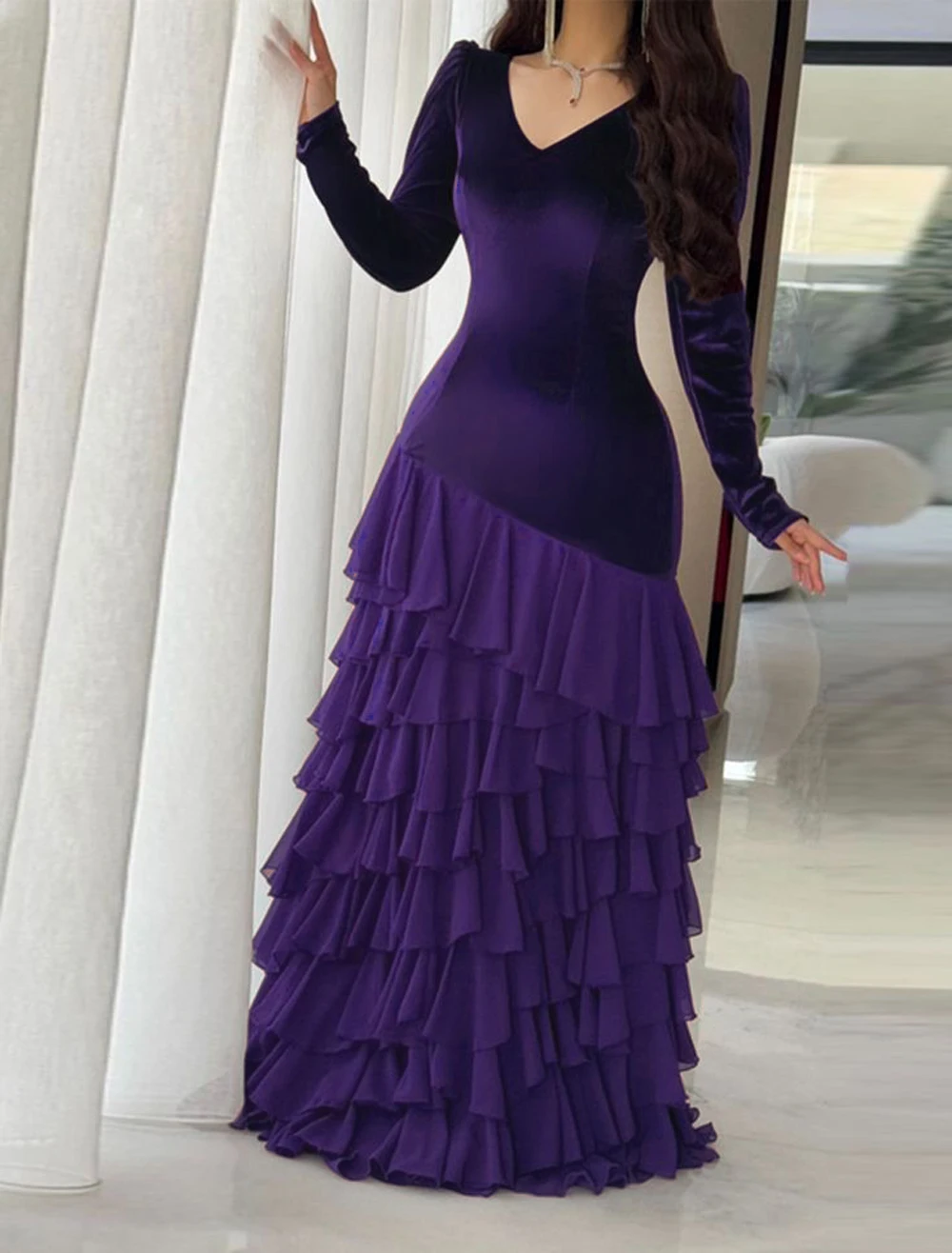 アラビアイブニングドレス長袖ティアードマーメイドウエディングドレスオンブルドレスvestidosデガラローブド夜会