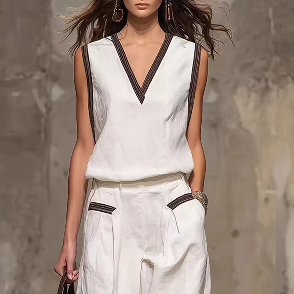 

Women's Elegant Fashionable Vest Two-Piece Set Contrasting Color Sleeveless V-Neck Summer Casual Top With Wide-leg Trousers Suit
