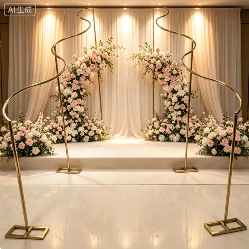 Sparkling Gold-Plated Wavy Curved Metal Wedding Arch Frame Outdoor Photo Backdrop Stand for Stage Birth Decor