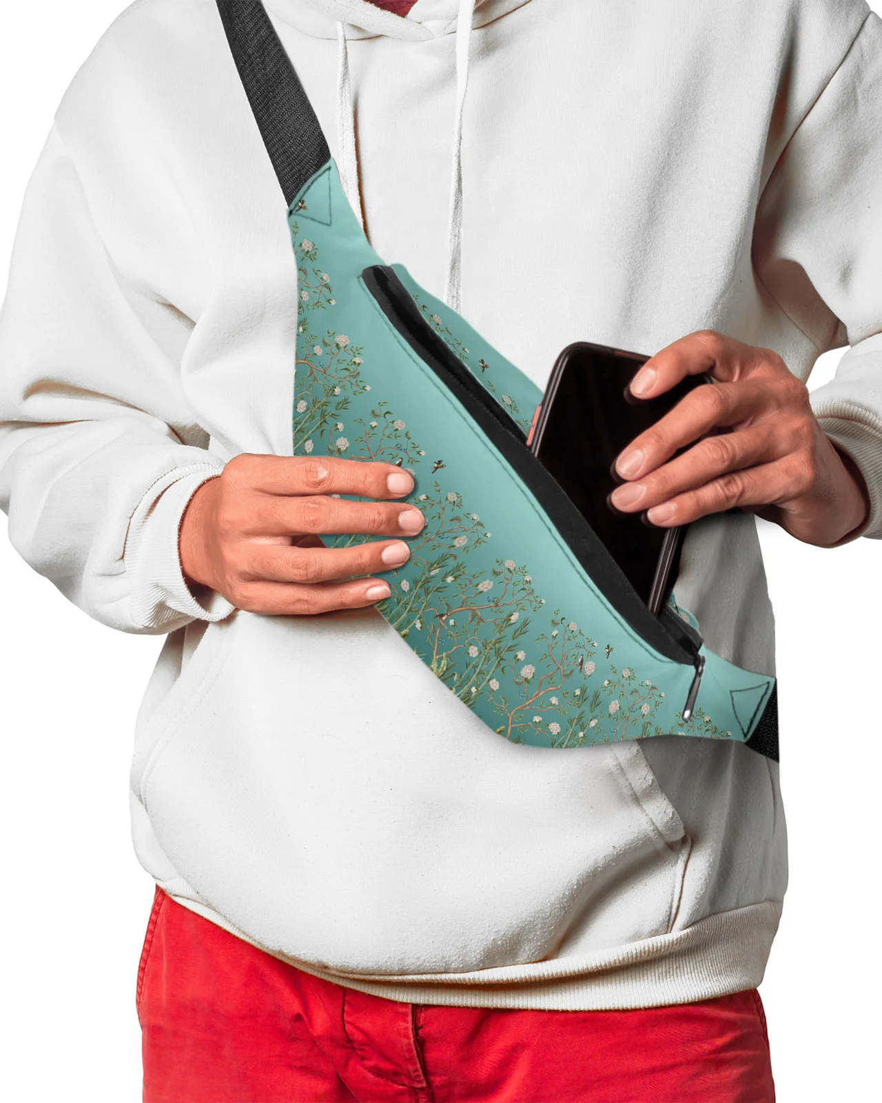 Saco de cintura impermeável para homens e mulheres, Fanny Pack, Phone Belt Bag, Carteira, Banana Hip Bags, Teal Gradient Flower, Planta, Pássaro de bambu