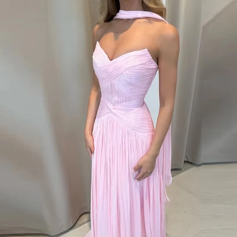Women Strapless Sweetheart Evening Dresses Pleated A Line Chiffon Floor Length Wedding Party Long Dresses