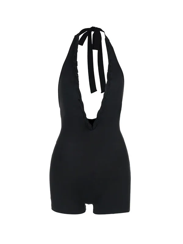Sexy V-ne Mono-color Women's Jumpsuit High-waisted ort-pants Thin Polyester Fabric Summer Faion Ladies' One-piece