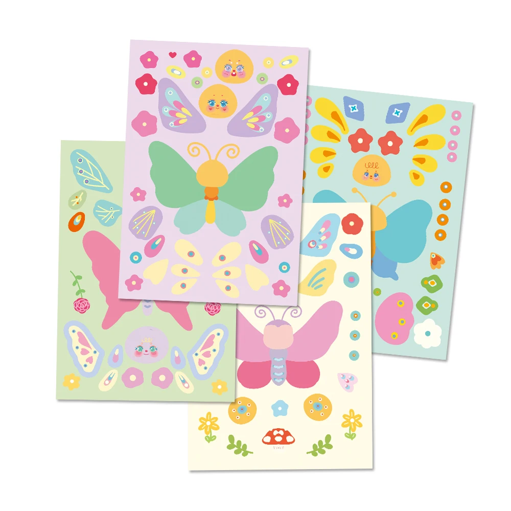 Autocollants à motif de papillon de dessin animé pour enfants, puzzle de bricolage, faire un visage, assembler à la main, garçons, filles, cadeau de fête, jouets, 8 feuilles, 16 feuilles