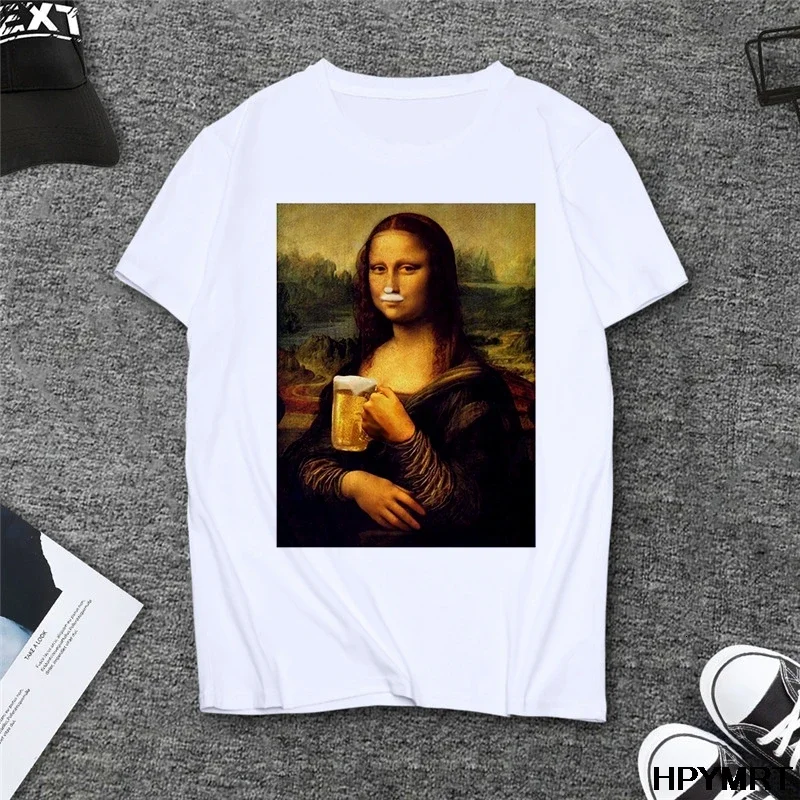 Summer spoof Mona Lisa Drink Beer Print T Shirts Women aesthetics funny Tshirts Casual Short Sleeves Tops t-shirt Female Clothes