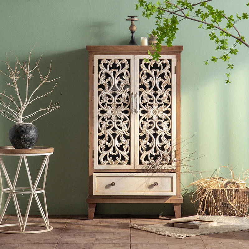 Solid Wood Sideboard Kitchen Drawer Storage Locker Hollow Carved Vintage Cabinet