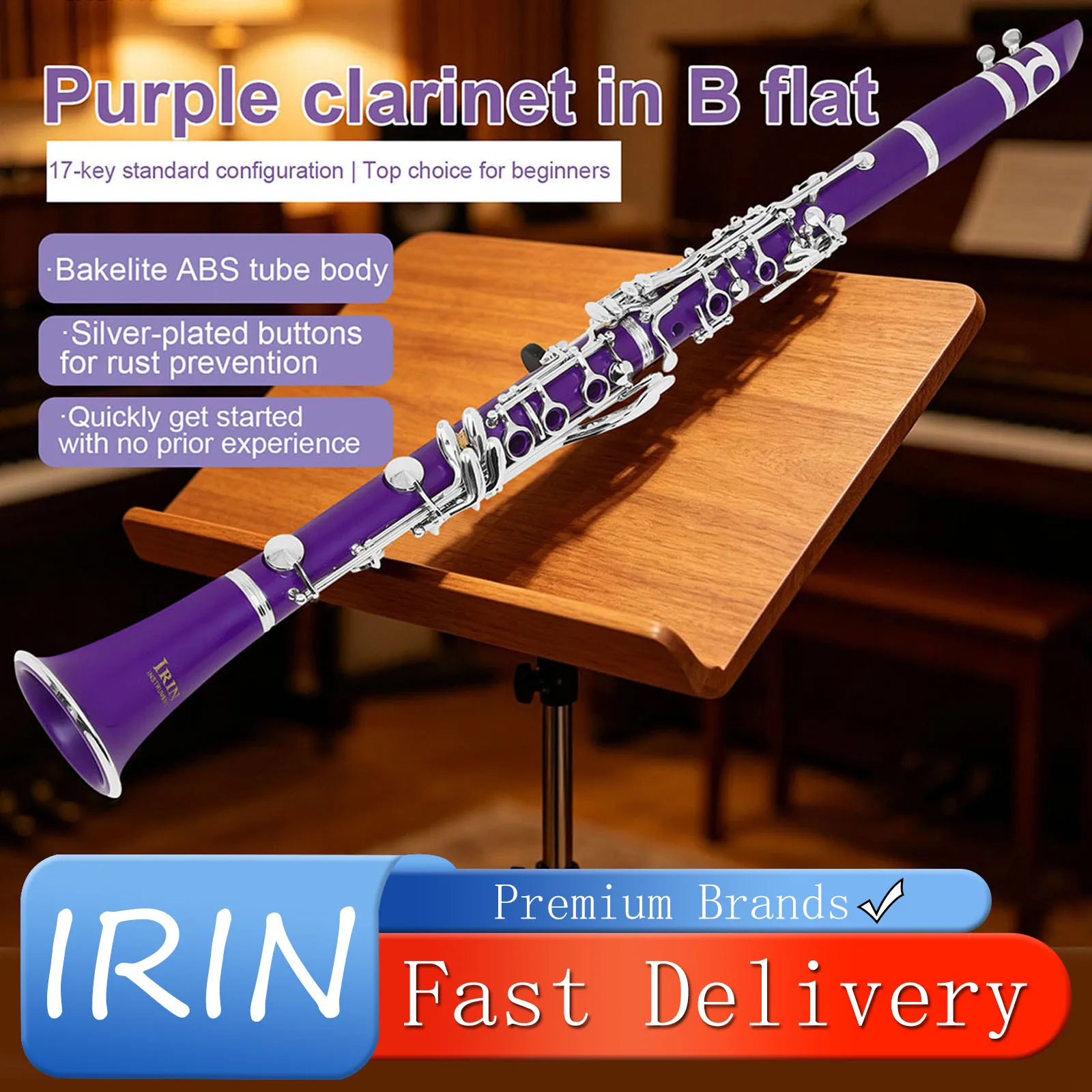 

IRIN Clarinet Bb Clarinet 17 Keys 6 Rings Purple Blackwinds Professional Woodwind Musical Instruments With Accessories Bag