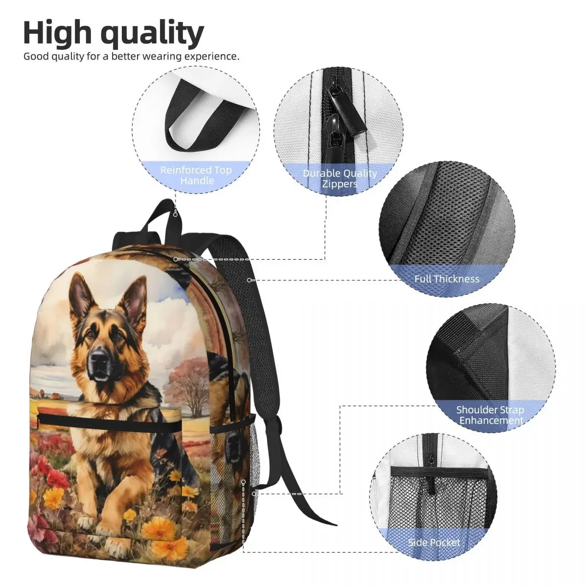 German Shepherd Oil Painting Backpack Boys Girls BookBag Kids School Bag Computer Shoulder Bags for Men Women