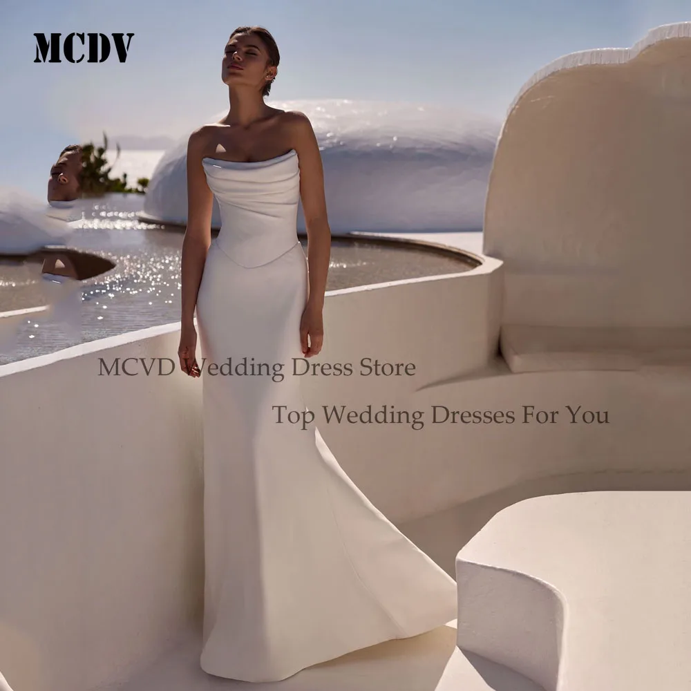 

MCDV Customized Strapless Pleat Wedding Dresses 2025 Mermaid Button Back Sleeveless Satin Simple Bride Gown Ivory robe de mariée