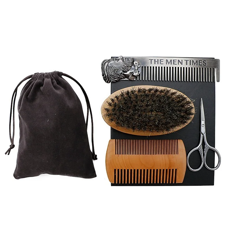 Beard Brush Set Double-sided Styling Comb Scissor Repair Modeling Cleaning Care Kit for Men Wood Beard Kit with Bag