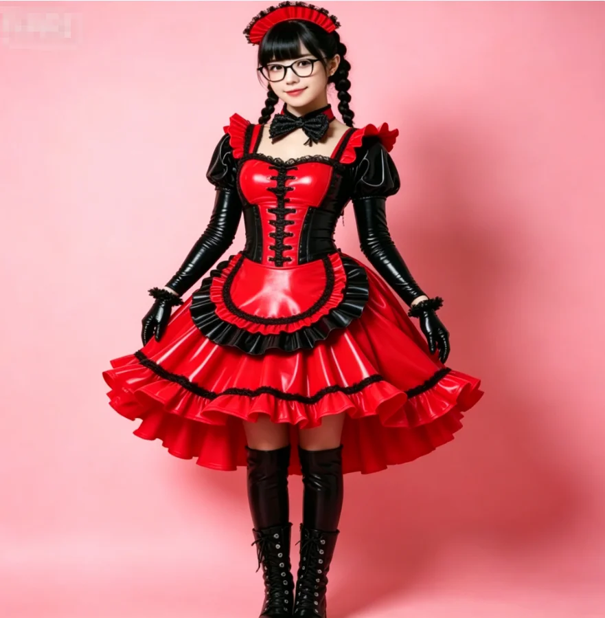 Gothic Rot Schwarz Maid Kleid 2025, Halloween Cosplay Leder Prom Kleid Langarm Kurze Vampir Abendkleid Party Angepasst