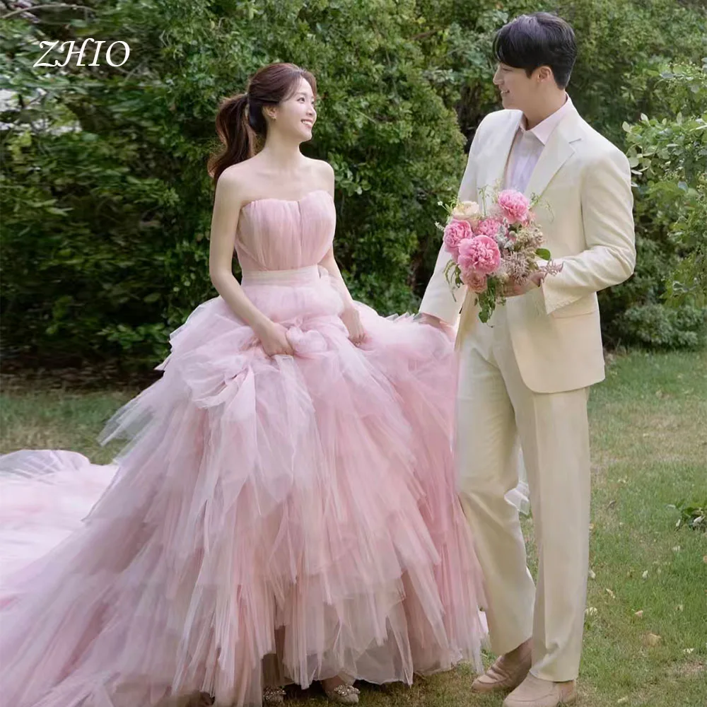 Zhi doce rosa vestido de casamento sem alças drapeado a linha trem varredura tule coreia sessão de fotos vestido de recepção de noiva personalizado luxo