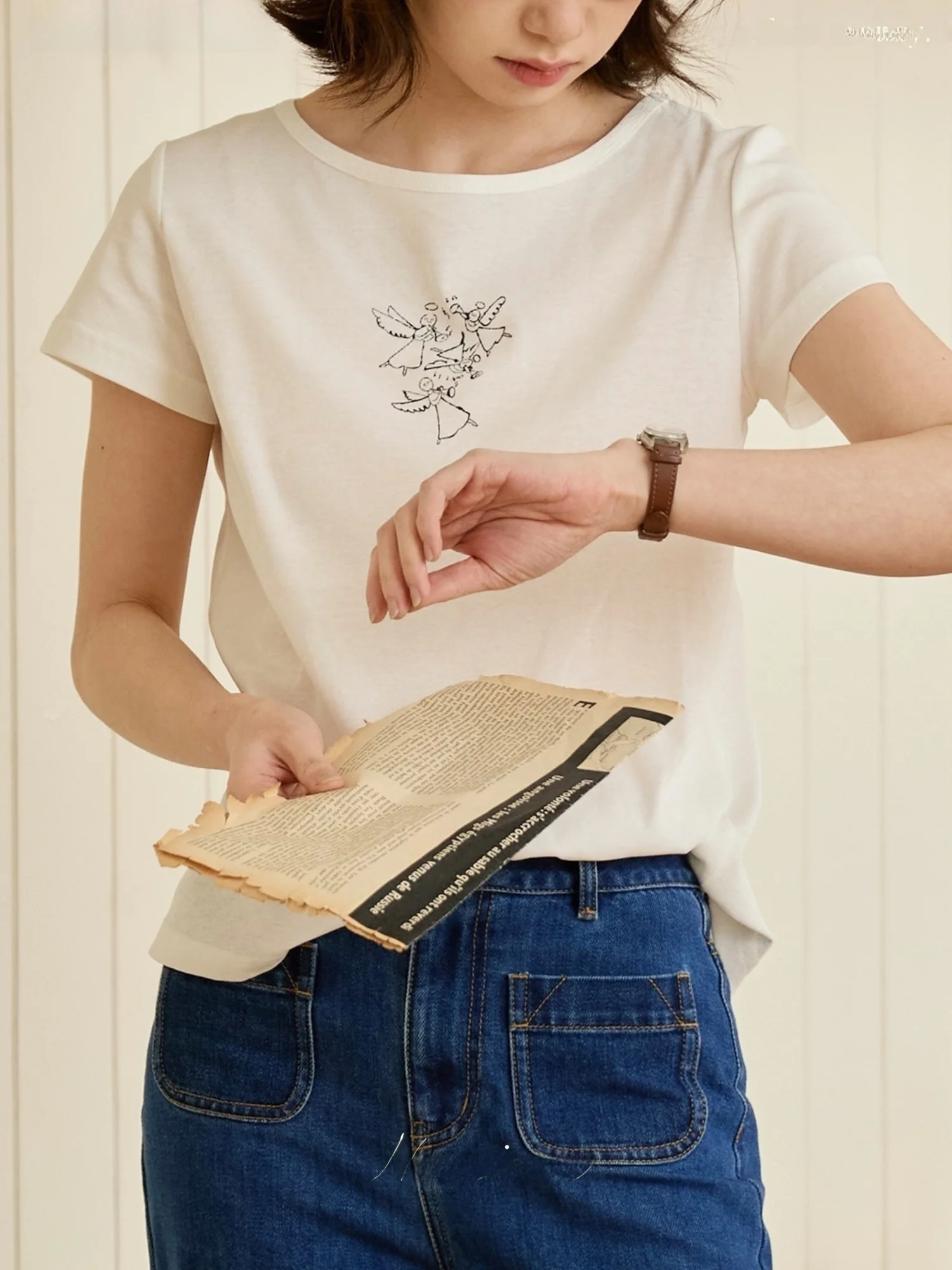 

Женская комфортная футболка из чистого хлопка с коротким рукавом и круглым вырезом, простой стиль, Joyful Song, белая, с эффектом похудения, легко носить