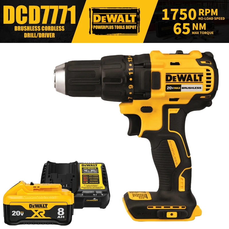 DEWALT DCD7771 Kit Brushless Cordless Compact Driver Drill 20V Electric Screwdriver Power Tool 1750RPM 65NM With Battery Charger