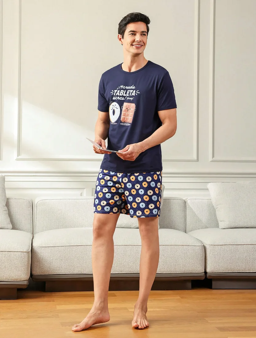 

Summer men's pajama set - short-sleeved shirt and short pants - home wear with printed design, relaxed and comfortable fit