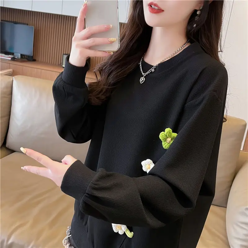 Design Sense Niche Long Sleeved New Versatile Korean Version Loose Plus Size Waffle Hoodie Top for Women