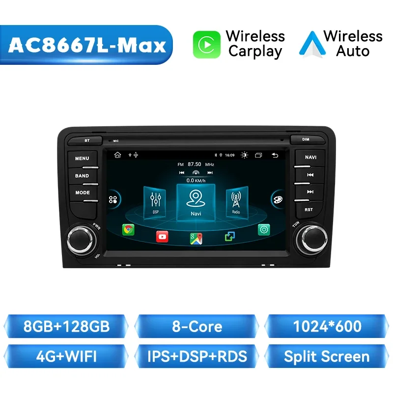 XONRICH AI Voice Wireless Carplay Android 14 Auto Multimedia voor Audi A3 8P 2003-2013 GPS 2Din 128GB Autoradio 4G Wifi Bose Systeem