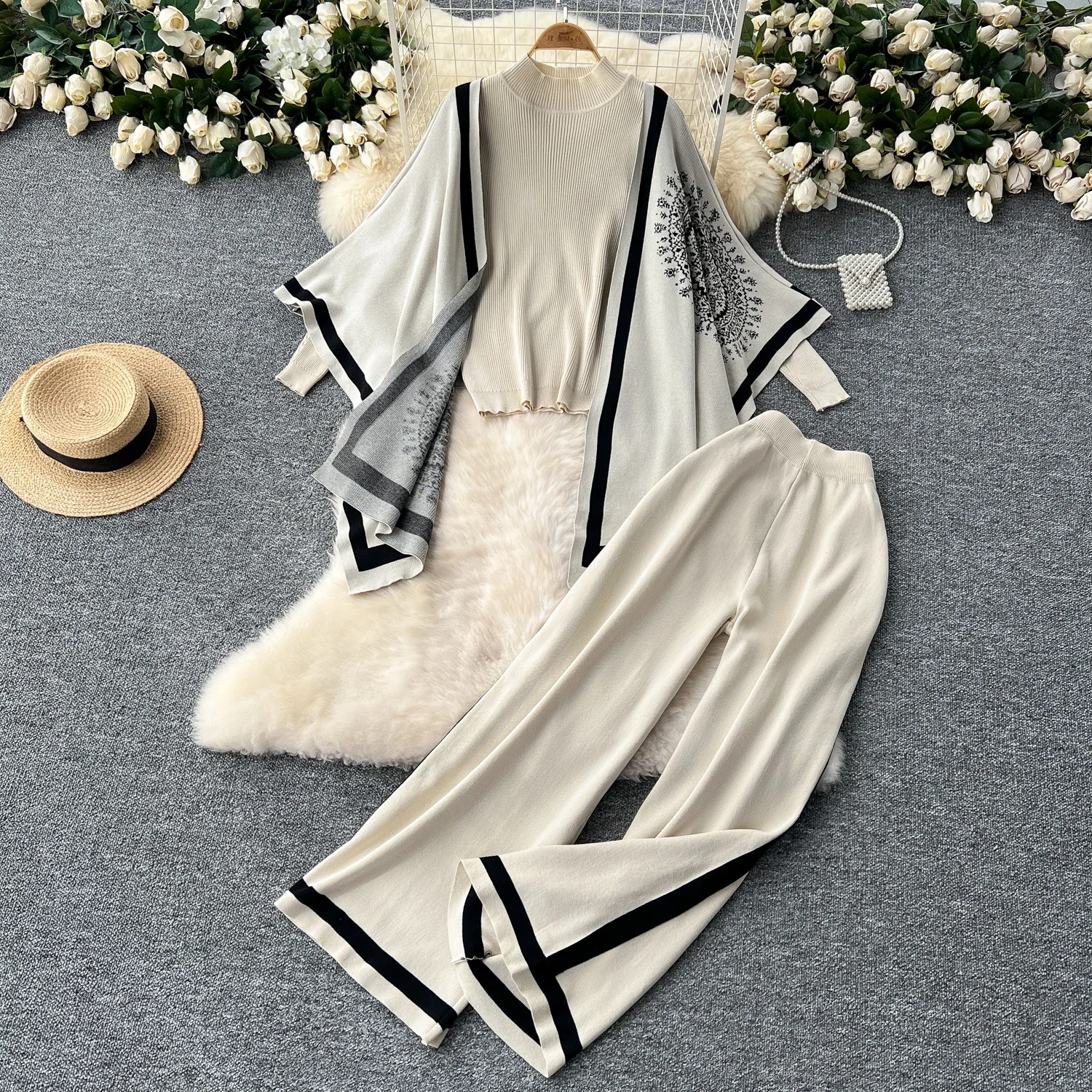 Women Chic knit Two Pieces Sets lool sleeve PATCHWORK o neck basics split High Waitst Wide pants Fashion Summer Sets