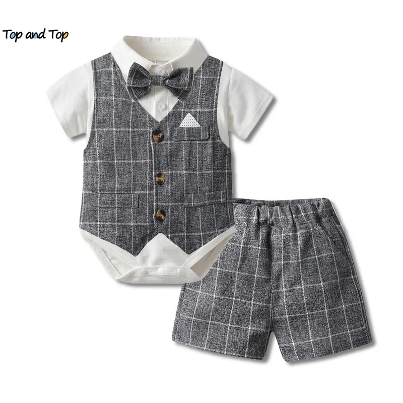 top and top Summer Baby Boys Gentleman Clothing Sets Infant Short Sleeve Bowtie Romper Shirts Tops+Plaid Vest+Shorts 3PCS Suits