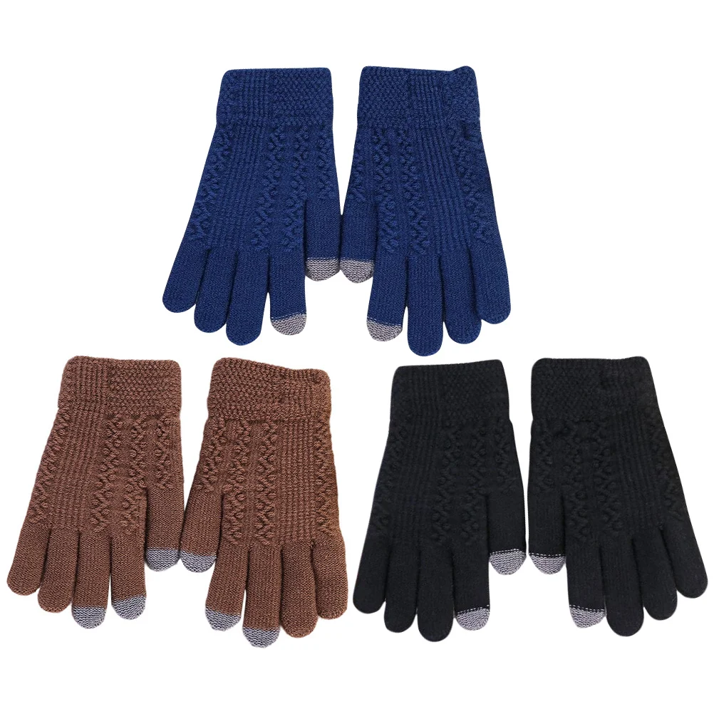 

3 Pairs Warm Touchscreen Acrylic Men Black Knit Gloves for Cold Weather Cycling Hiking Outdoor Sports Winter Gloves