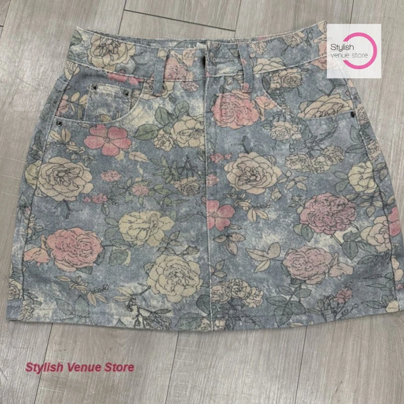 Korean spice girl design sense high waist printed denim skirt female summer new fashion temperament casual Joker A-word skirt
