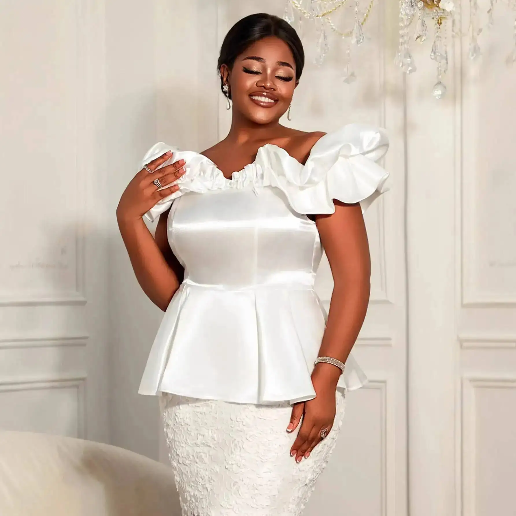 Plus-size Women's White Satin Top, Off-shoulder With Ruffles, Slimming And Waist-cinching, Fashionable For Work And Parties Y2K