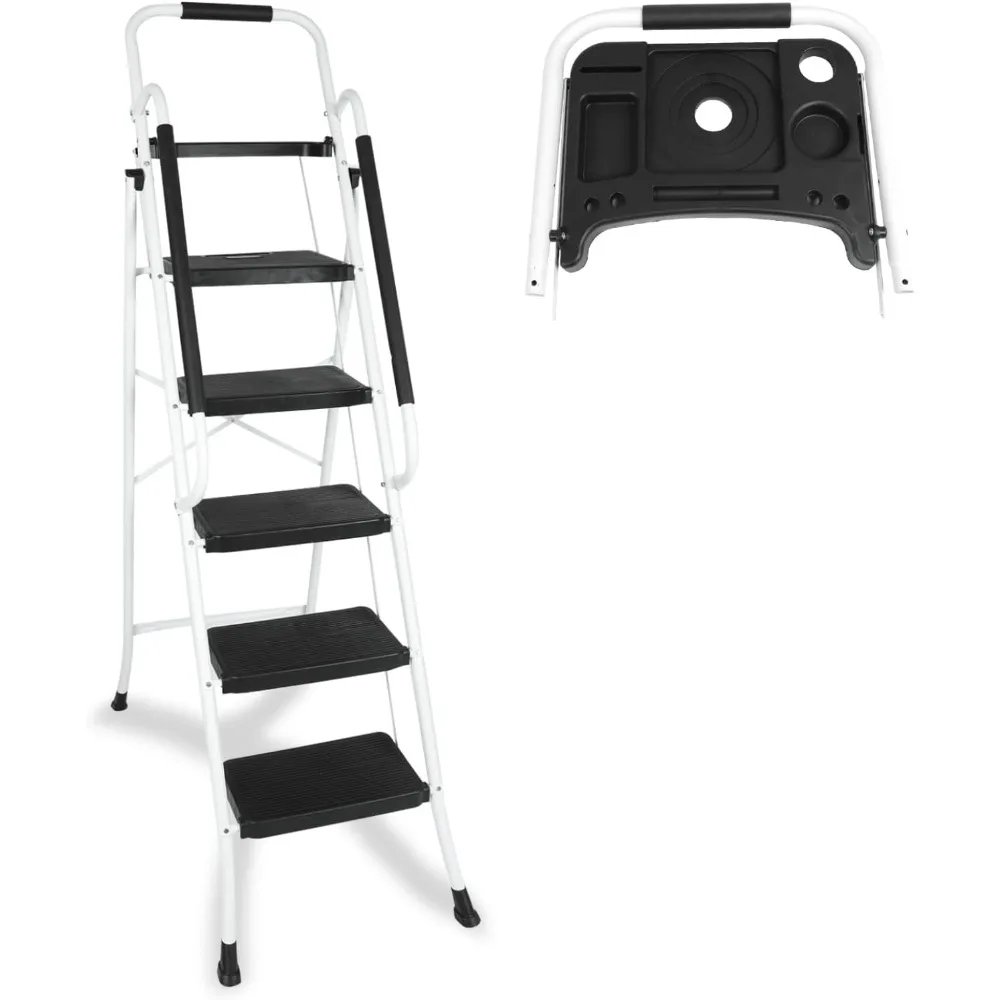 

5 Step Ladder with Handrails & Tool Tray Platform, 330 lbs Folding Step Stool Ladder, Portable Steel Ladder fo