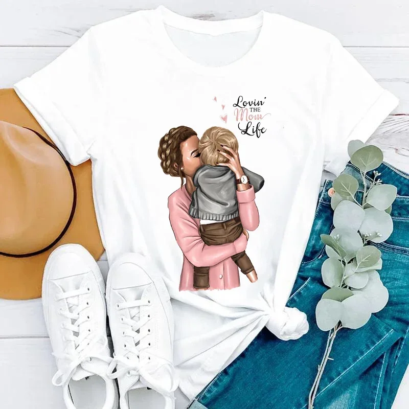 Camiseta gráfica dos desenhos animados femininos, Super mamãe, roupas fofas para mamãe, tops femininos, roupas femininas, T-shirt, impressão, algodão, 2024