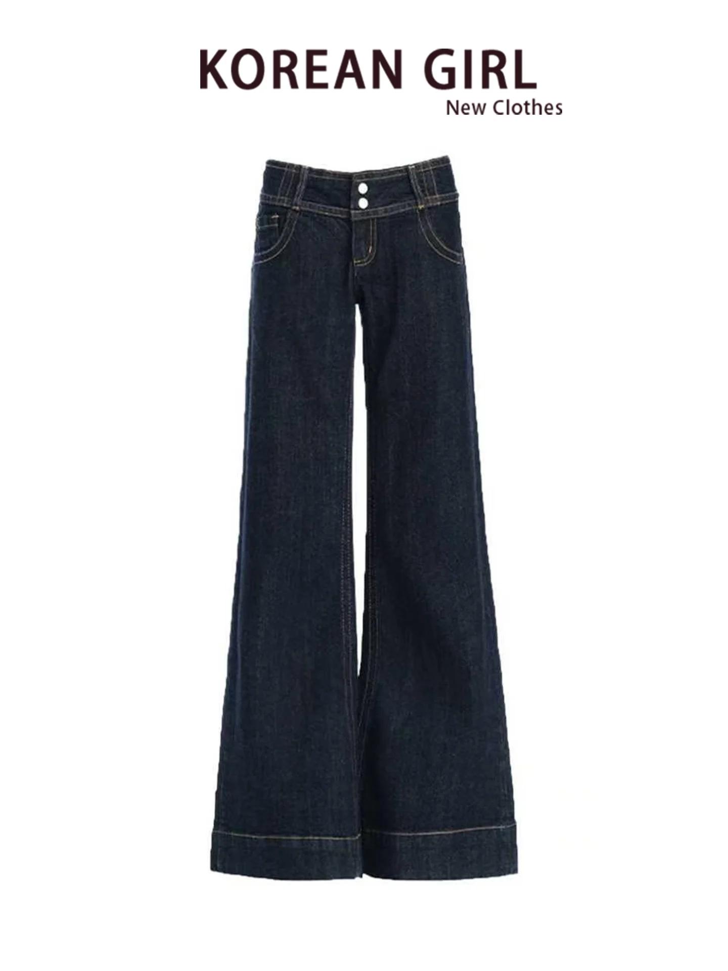 Low Waist Wide Leg Blue Jeans Women's Autumn New Style Vintage Straight Cut Pants Floor Length Small Size TINIKENG