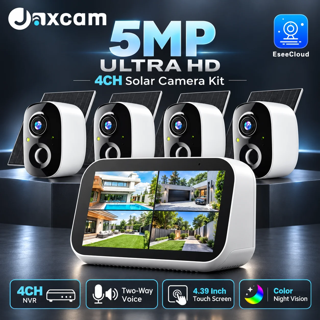 5MP WIFI Solar Surveillance Camera HD Human Detection Full Color Night Vision Two Way Audio Kit 4.39 Inch LCD Monitor ESeecloud