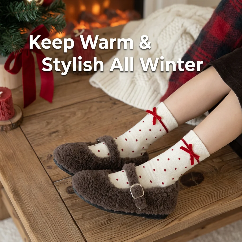 Süße Weihnachtssocken mit gepunkteter Schleife für Damen, weiche Baumwoll-Blumenstrick-Crew-Socken, für den täglichen Gebrauch, JK-Uniform, süße Freizeitoutfits – Detail 3