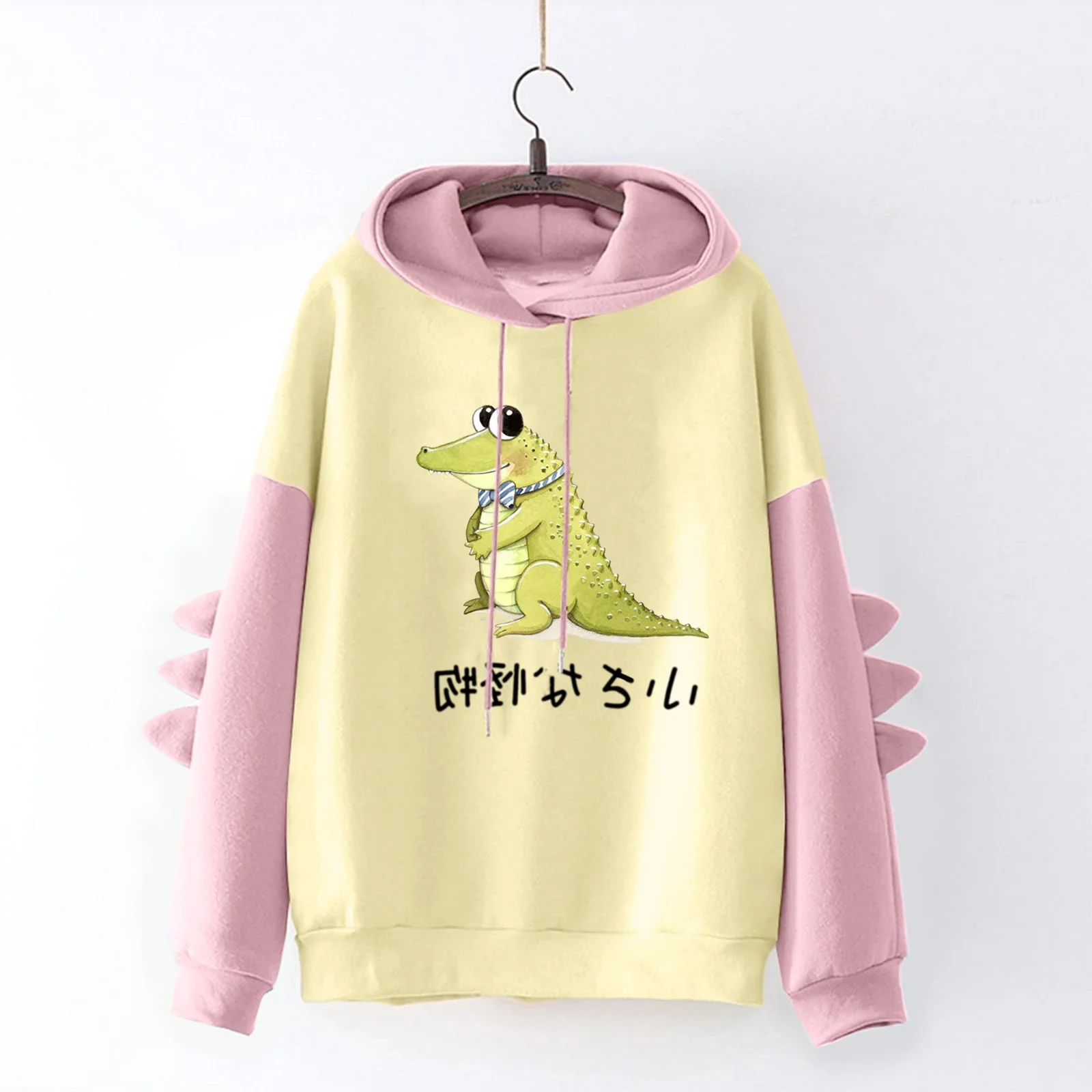 Casual Printed Hoodies Women Contrast Fashion Irregular Color Blocked Dinosaur Long Sleeved  Sweatshirts Cartoon Autumn Winter