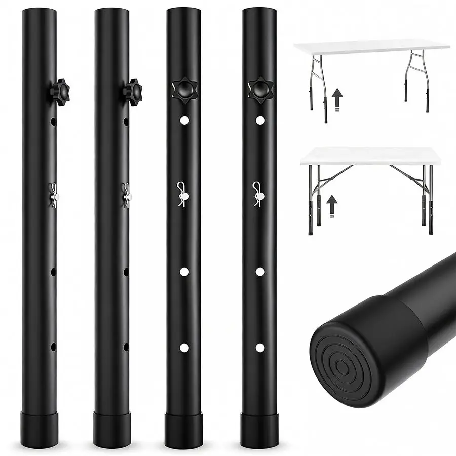 

Leg Extensions for Straight Bent Folding Tables, Metal Extenders, Reduces Stooped Work, Improves Back Pain, 4 Levels Heights Adj