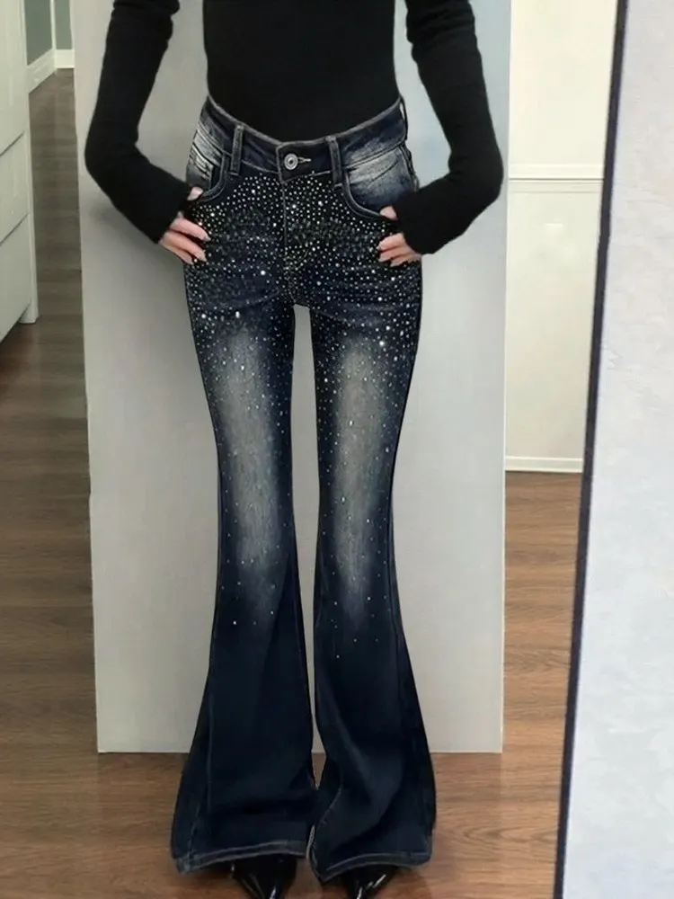 

Новые модные джинсы-клеш с высокой талией и стразами в винтажном стиле для женщин, весна 2026