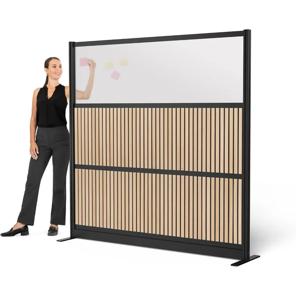 

Sound Dampening Office Partition - Expandable Faux Wood Slats Frosted Acrylic Panels Modular Room Divider | Customized