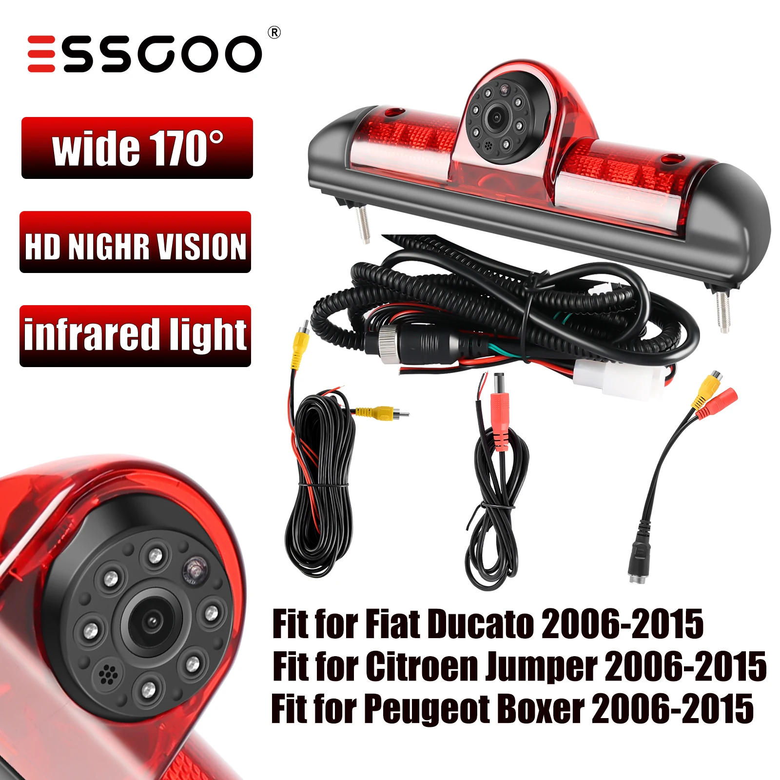 ESSGOO 170°Car 3rd Brake Light Rear View Backup Camera Night Vision IP68 Waterproof For Fiat Ducato Peugeot Boxer Citroen Jumper