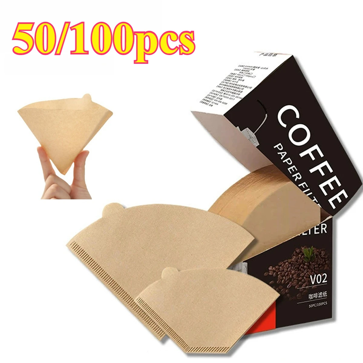 

100/50pcs Coffee Filter Paper V-Shaped Fan-shaped 60 Stand Single Use Pour Over Cone Filters Natural for Barista Coffee Brewing