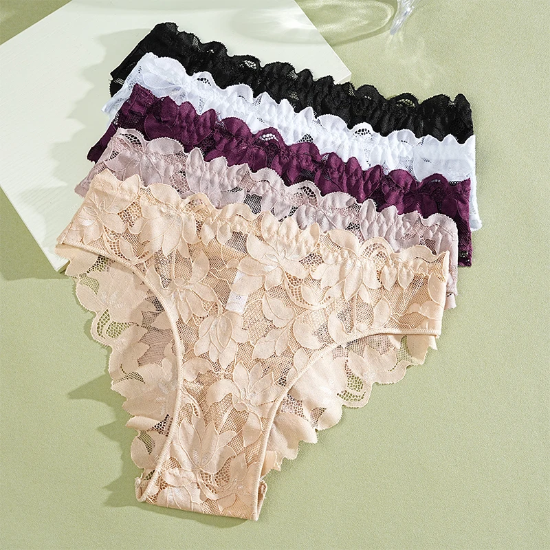 5ks/sada sexy saténové květinové krajkové patchworkové kalhotky pro ženy, 5 jednobarevných dutých sexy kalhotek, spodní prádlo, průhledné spodní prádlo - náhled 5