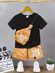 Summer new boy cross-bag short-sleeved shirt + monogrammed shorts three-piece suit