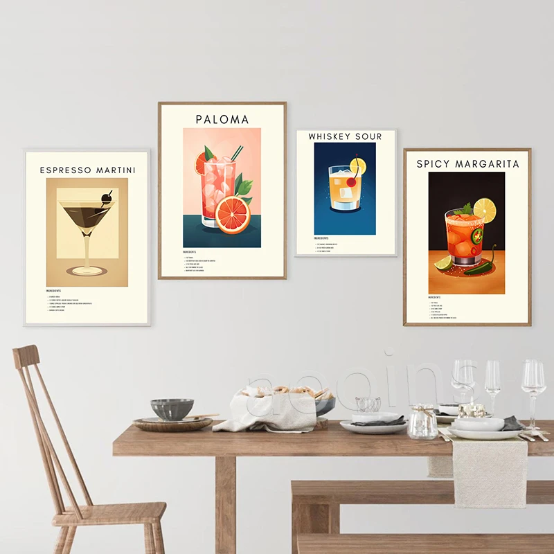 Cocktail Wall Art Prints Aperol Spritz, Espresso Martini, negri, Margarita, Mojito, Old Fashioned Retro Poster Canvas Painting