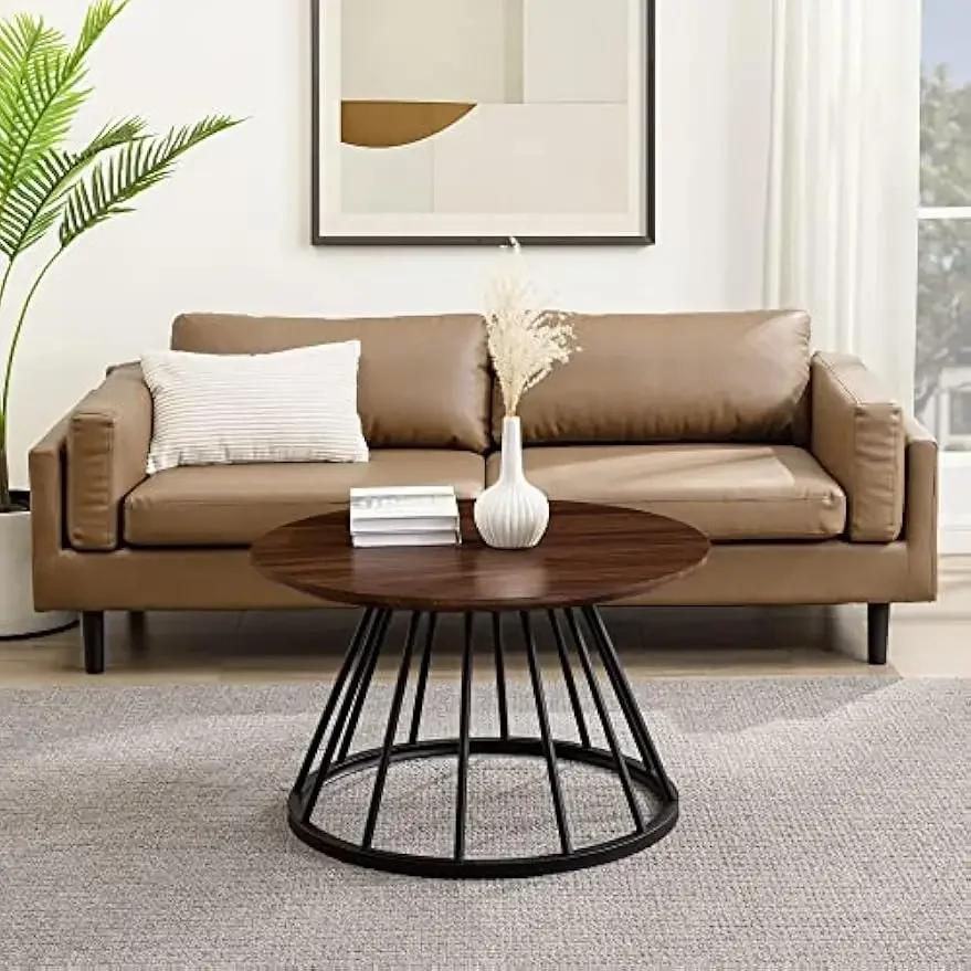 Vivv Modern Round Metal-Base Coffee Table, 30 Inch, Dark Walnut