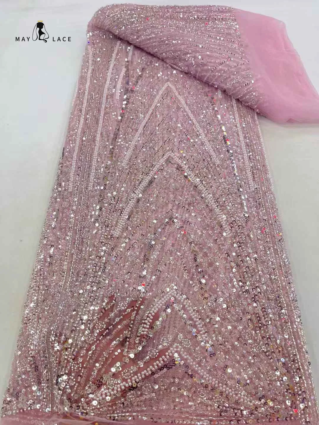 

Pink African Sequins Lace Fabric 2024 High Quality Tulle Lace Embroidery Beads Lace Fabrics 5 Yards For Wedding Party Dresses