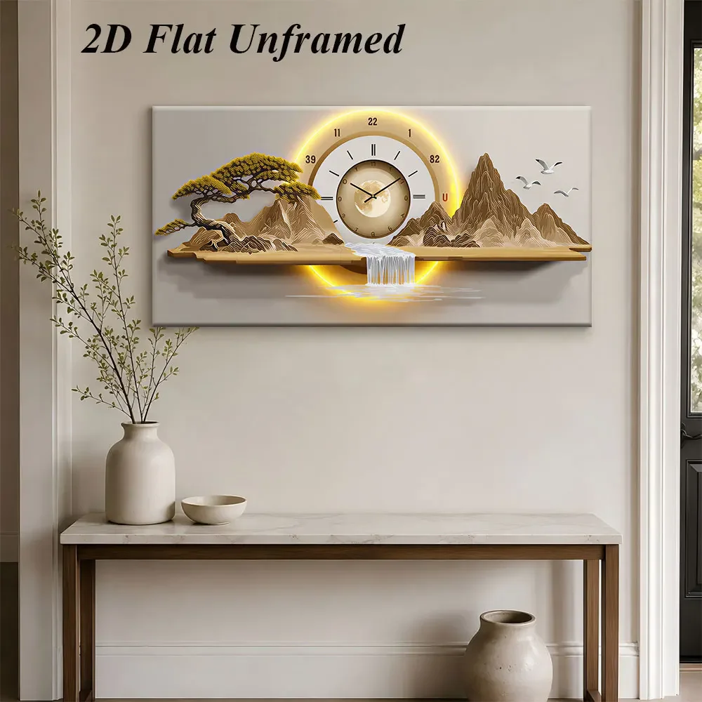 (1PC Unframe)1 piece of Chinese landscape artistic conception frameless decorative painting creative clock design welcoming gue