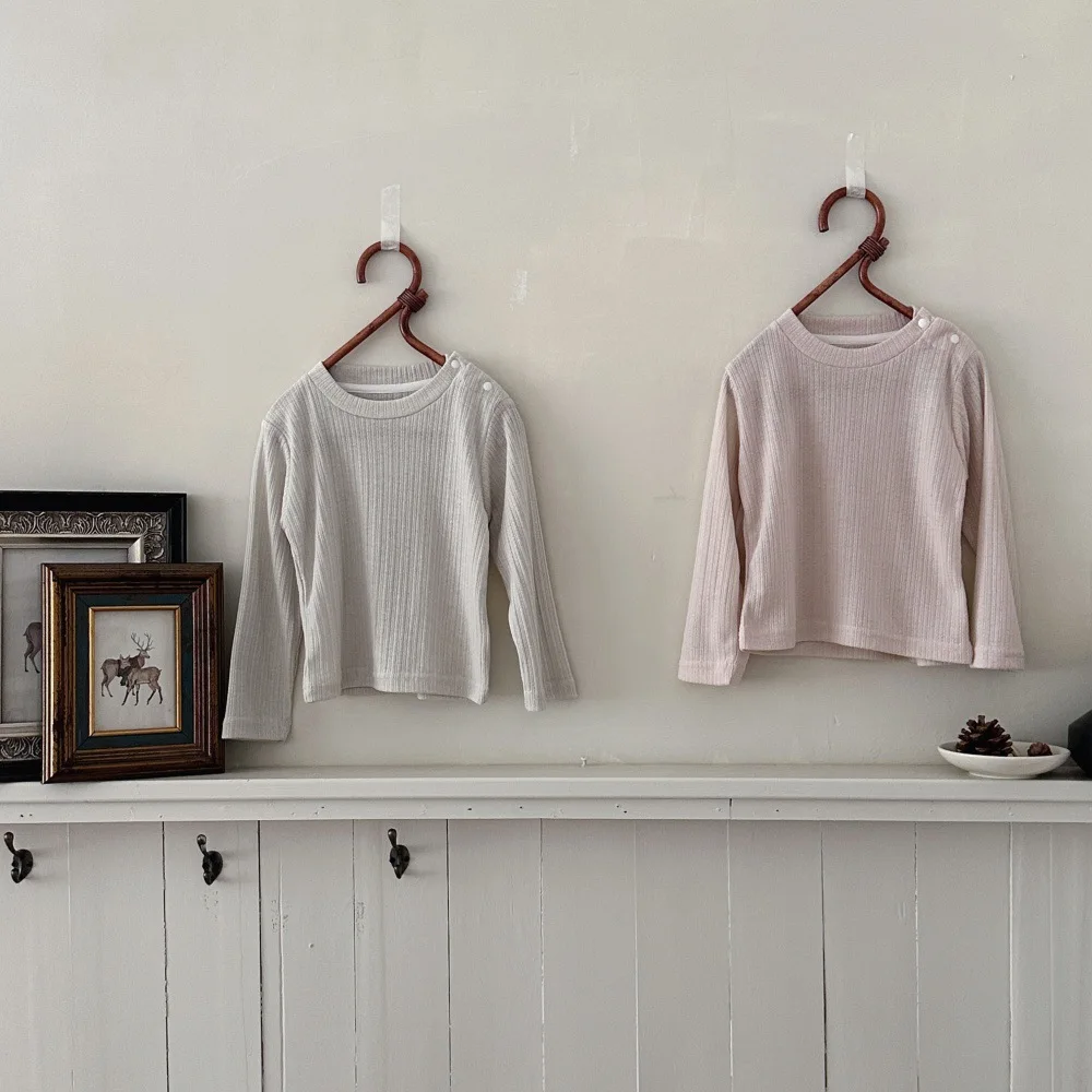 Spring and Autumn Infant Hollow Pit Strip Shoulder Buckle Round Neck Long Sleeve Top for Girls Baby Princess Interior