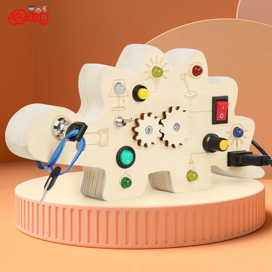 LED Busy Board Wooden Electronic Dinosaur Busyboard Switch Physical Educational Montessori Toys for Kids Daily Skill Training
