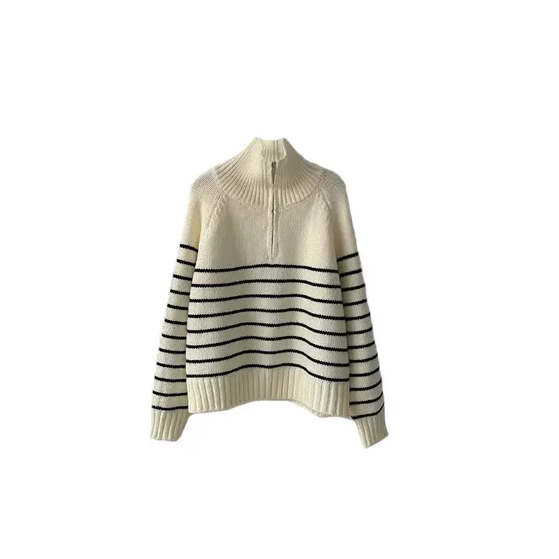 خريف شتاء نمط جديد الحرير الجليد بولو الرقبة سترة قصيرة فضفاضة المرأة نصف سستة مخطط تريكو عادية متعددة الاستخدامات #5