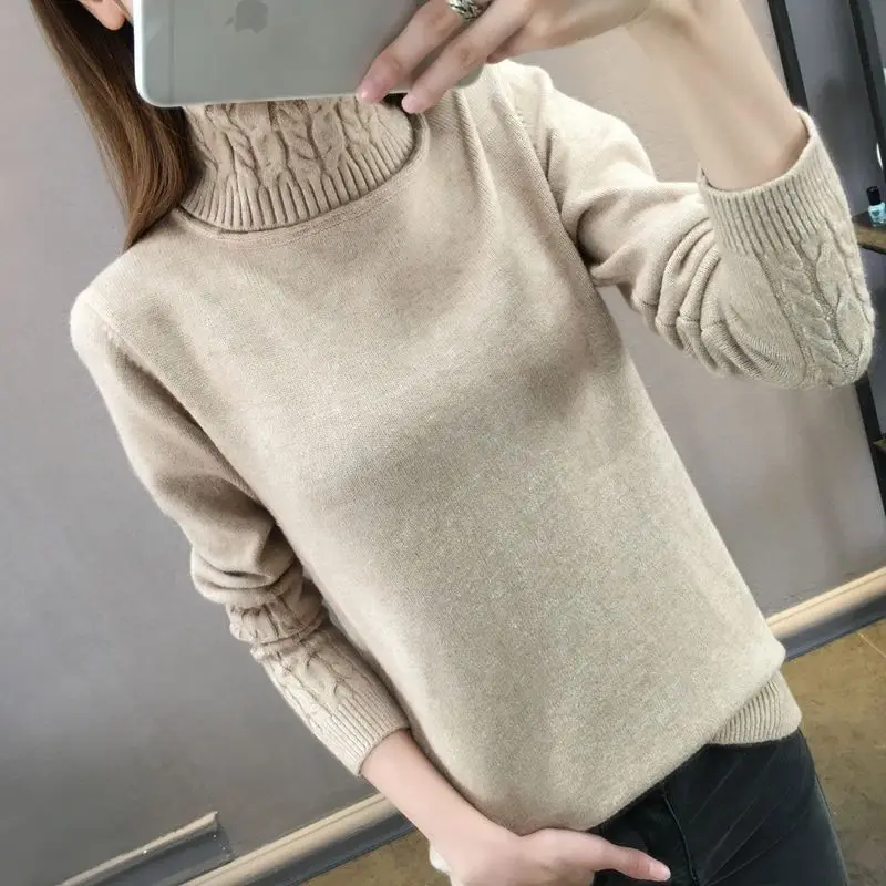 Women\'s Clothing Solid Color Pullover Long Sleeve Turtleneck Paisley Sweater Knitted Casual Fashionable Autumn Winter Tops