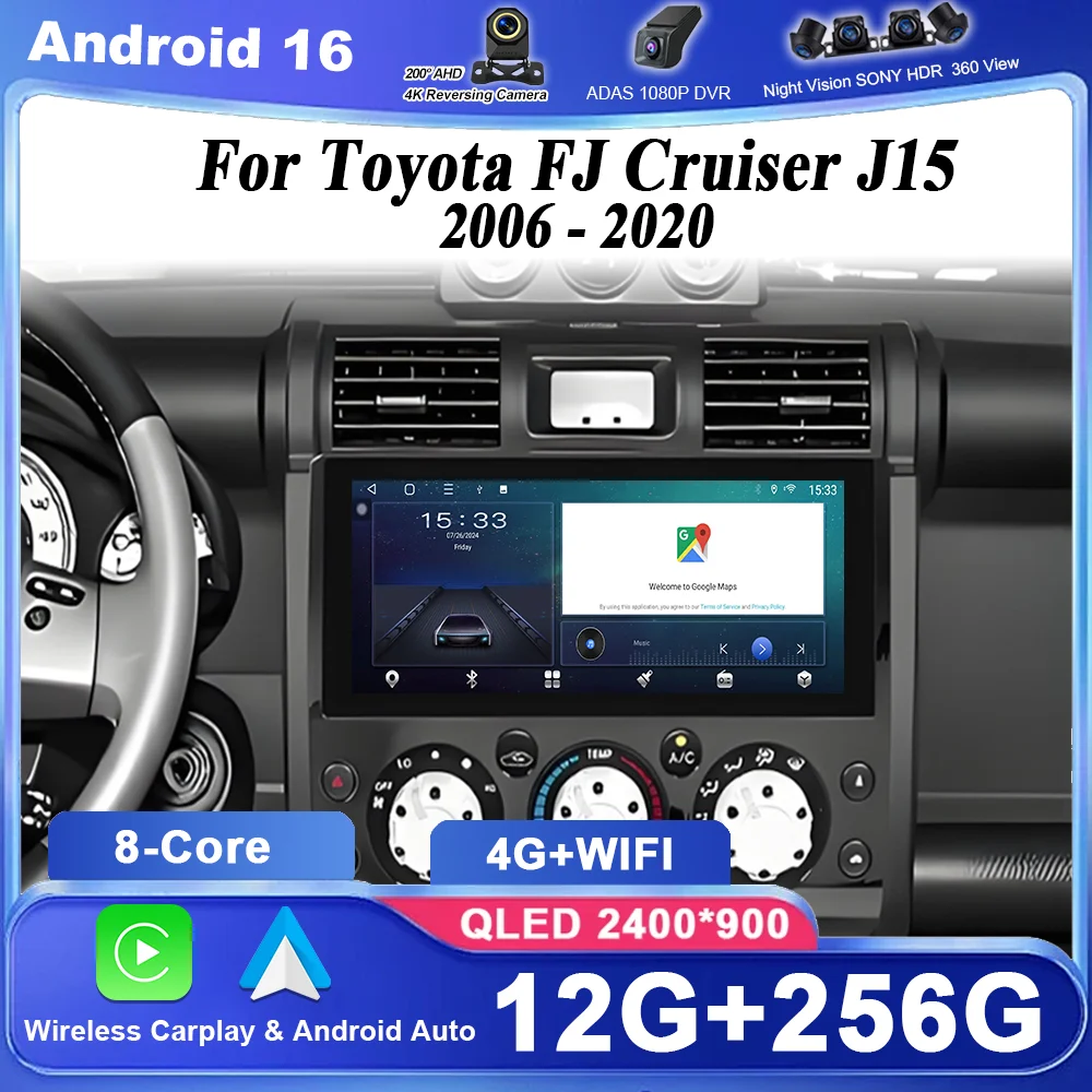 12.3 inch Android 16 Radio For Toyota FJ Cruiser J15 2006 - 2020 GPS Navigation High-performance CPU Stereo Multimedia Player 4G