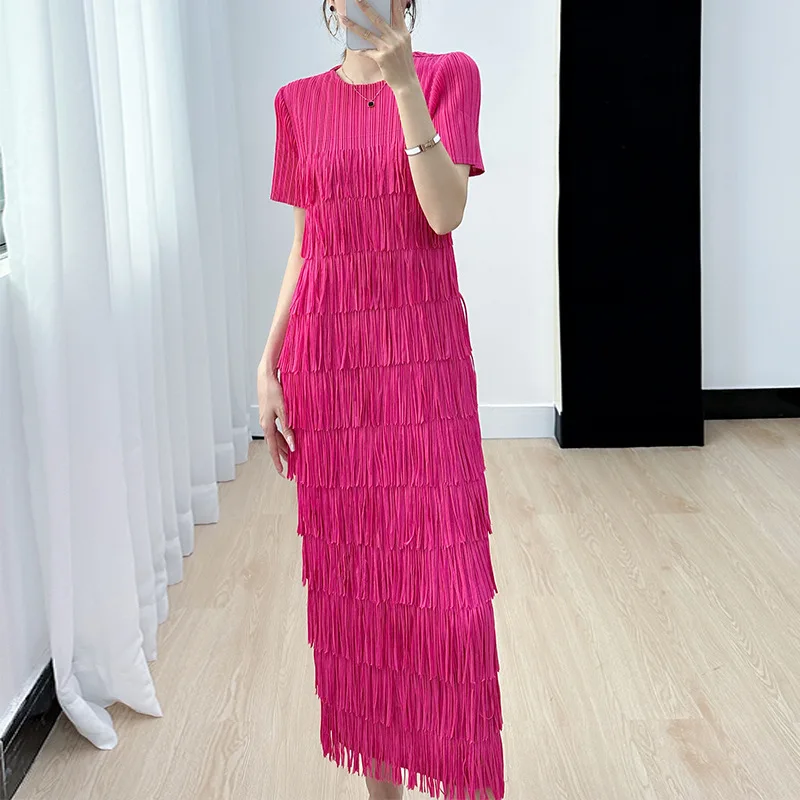 

ALSEY Miyake High-end Elegant Women Dresses for Party Party 2023 Summer New Temperament Tassel Splicing Comfortable Cake Dresses