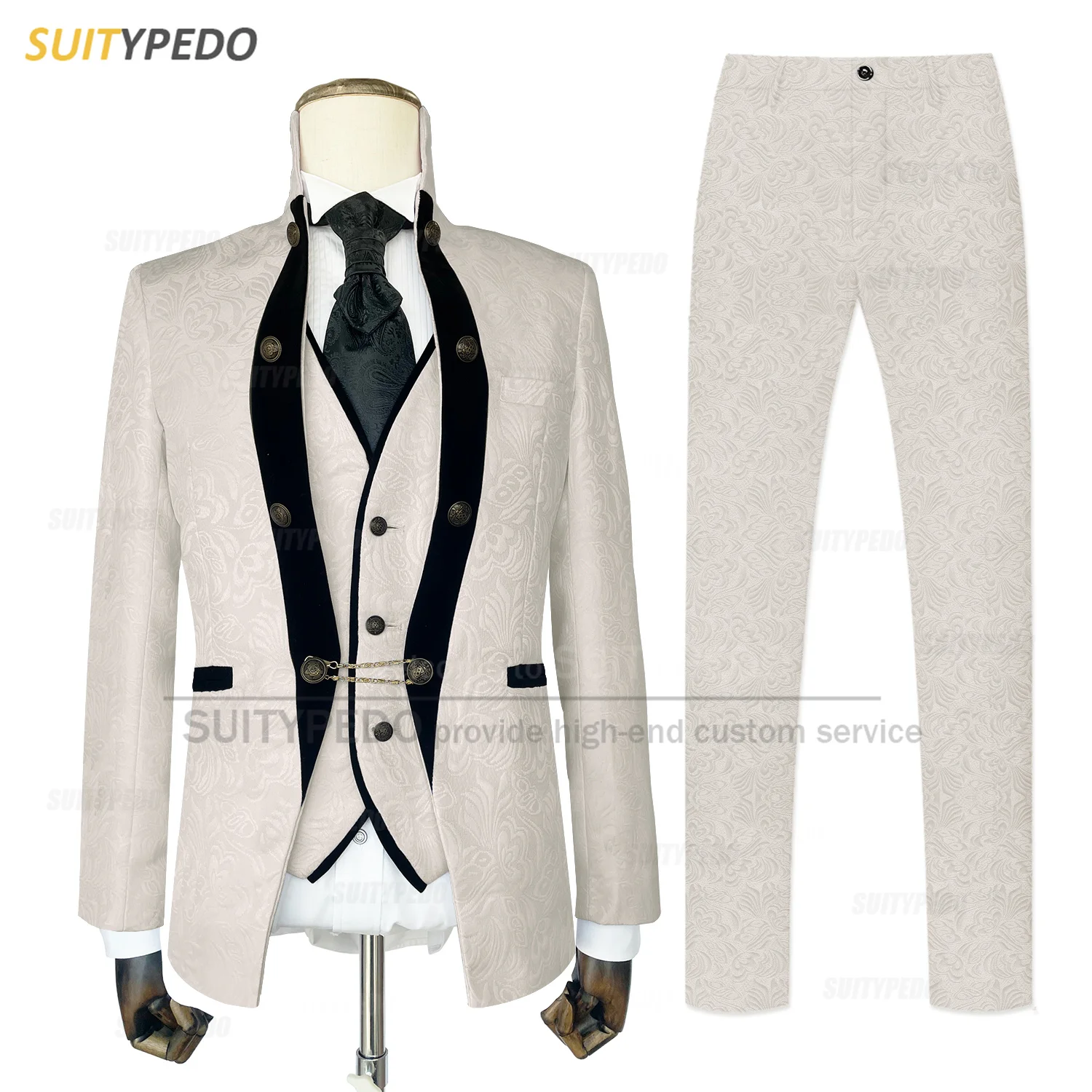 

Fashion Men Suit Set Wedding Grooms Tailor-made Burgundy Jacquard Blazer Vest Pants 3 Pieces Formal Banquet Host Elegant Outfits