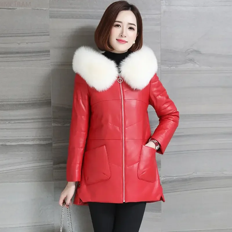 Real Leather Jacket for Women Winter Hooded Down Coats Fox Fur Collar Genuine Sheepskin Coat Slim Down Jackets Jaquetas Feminino